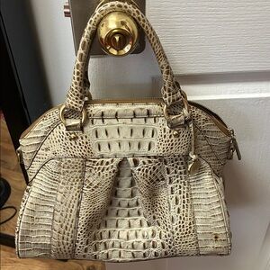 Brahmin Cream Croc-Embossed Satchel with Gold Hardware